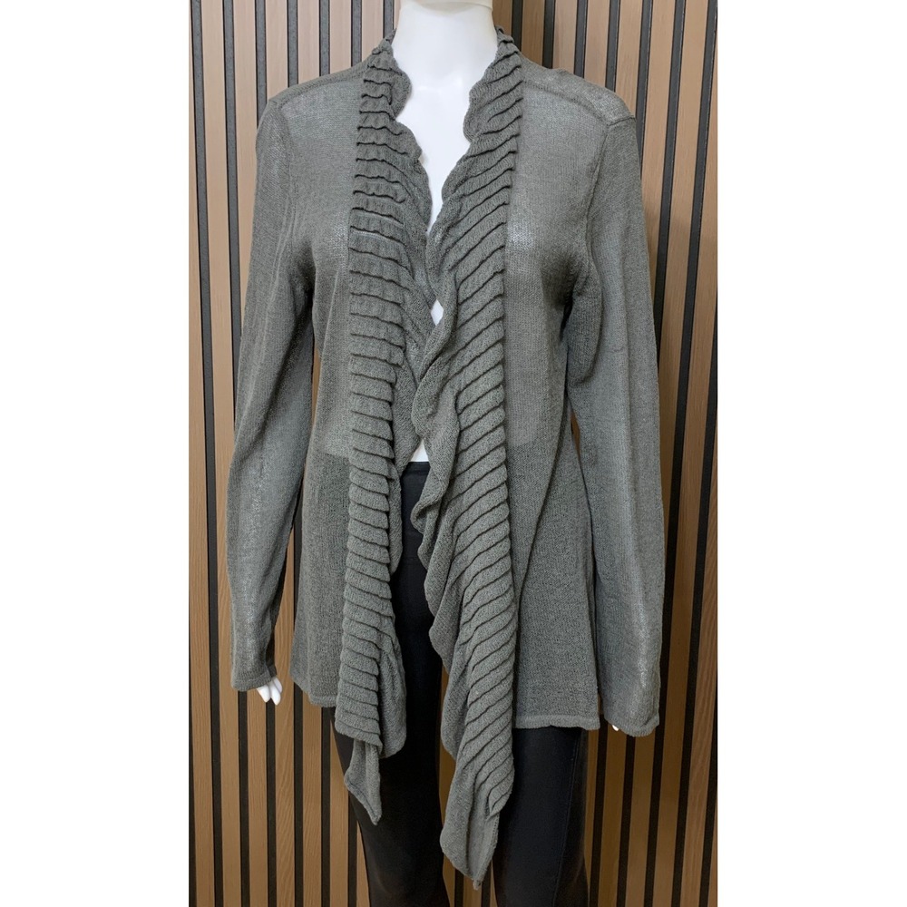 Eileen Fisher Women's Gray Ruffle Trim Open Front Cardigan Linen Rayon Knit L